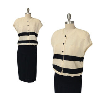 Vintage Louis Feraud Knit Skirt Suit Size 8 Cream Navy Blue Sweater Set Germany